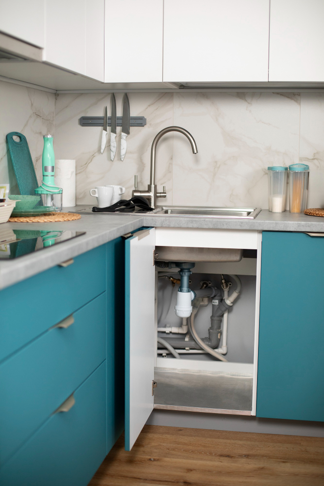 Kitchen sink plumbing under a blue cabinet for drain repairs