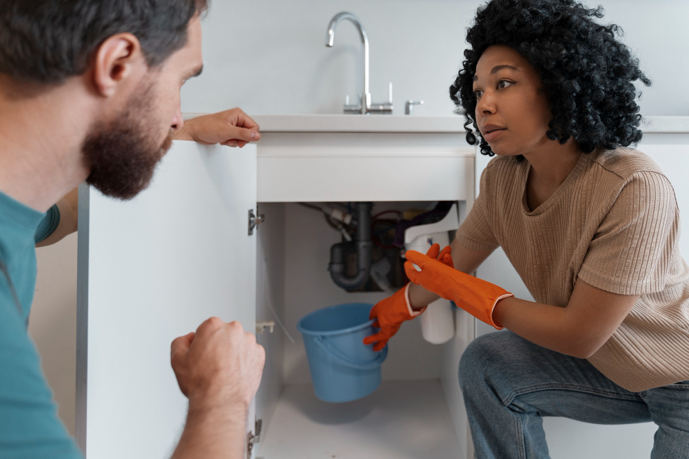 Plumber fixing an under sink leak for a local household