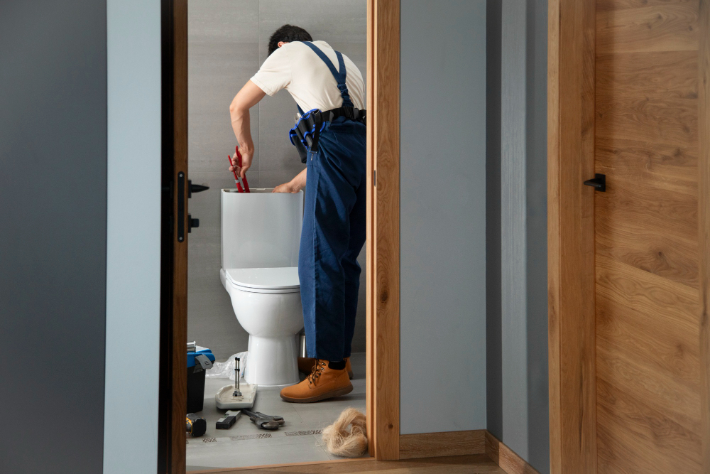 Plumber repairing a toilet cistern