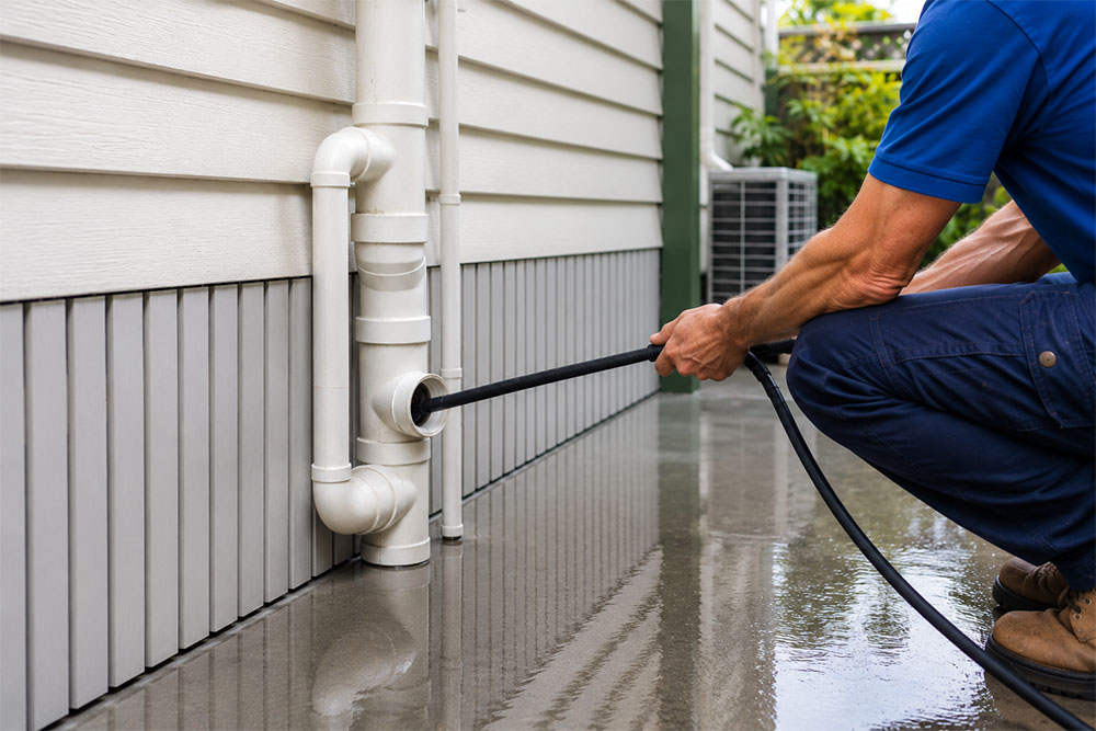 Plumber clearing a blocked drain pipe with a hose