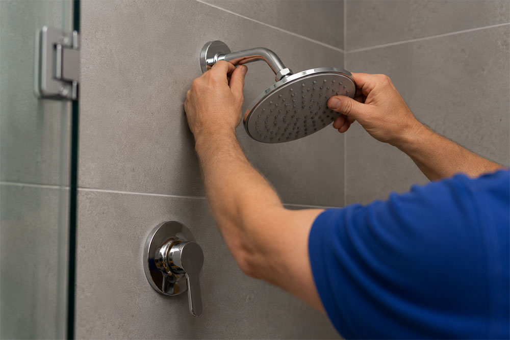 Plumber repairing bathroom tapware and shower plumbing
