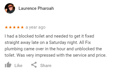 5 star Google review - Allfix Plumbing